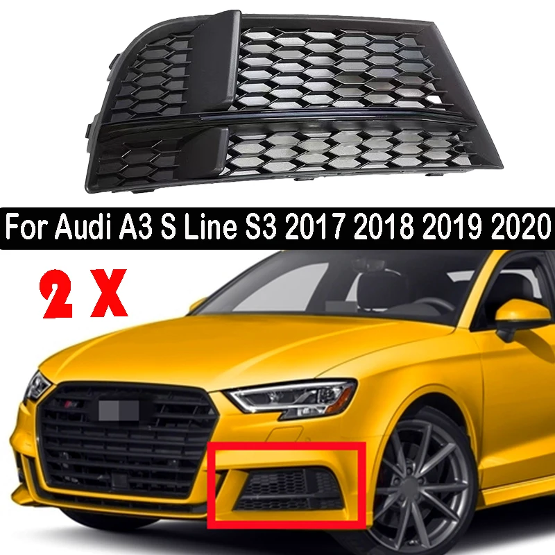 

2pcs Car Front Bumper Fog Light Lamp Grille Cover For Audi A3 S Line S3 2017 2018 2019 2020 Honeycomb Mesh Style Car Accessorie