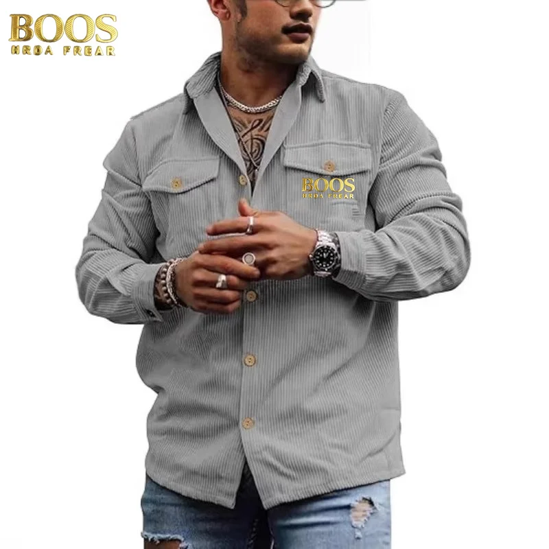 سترة BOOSHRDAFREAR سروال قصير بأزرار وأكمام طويلة مخططة كاجوال بجيب مزدوج قميص عمل على الطراز الكوري للرجال