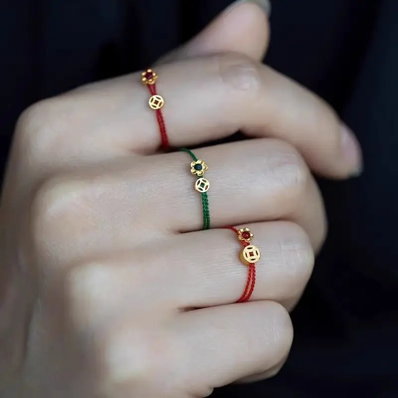 لطيف قابل للتعديل المنسوجة حبل أسود أحمر خواتم جميلة الذهب اللون زهرة عملة الثروة خواتم محظوظ النساء فنجر مجوهرات anillos mujer