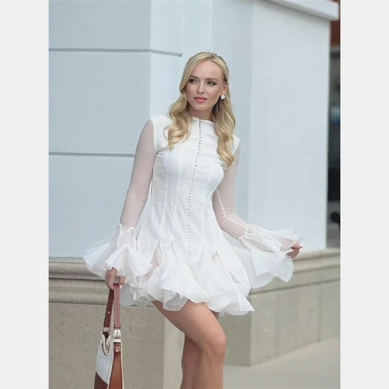 

New French Dress Elegant Sexy Wind 2025 New Ruffle Edge Multi-button Dress Age Reduction Horn Sleeve Fairy Short Bodysuit