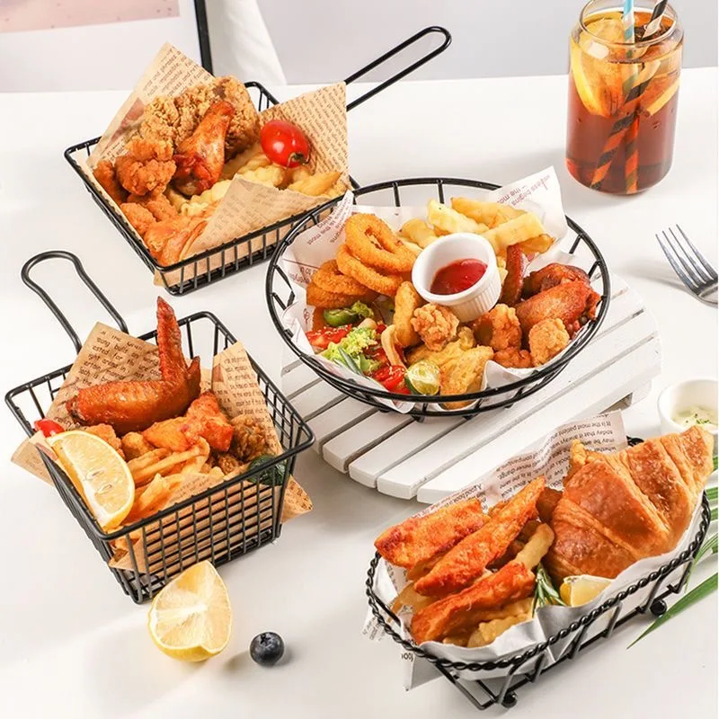 Stainless Steel French Fries Basket Long Handle Chip Frying Strainer Rack Stackable Fry Snack Display Holder Kitchen Utensils