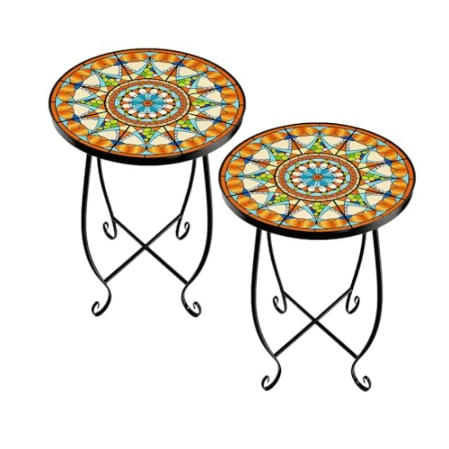 

Комплект из 2-х круглых мозаичных приставных столиков для улицы, высотой 15 дюймов - Небольшой складной столик для патио с металлическим основанием и узором в виде солнца, подставка для растений для сада