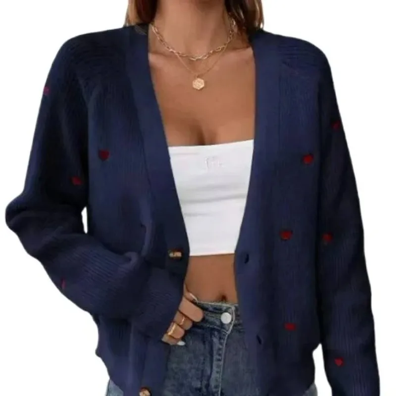 

Women's Knitted Knitwear Outerwear Embroidered Heart Single Button Collar Sweater Cardigan Long