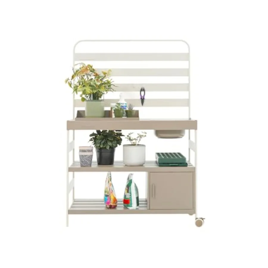 Metal with Cabinet, Outdoor Gardening Table Work Bench with Large Steel Tabletop and Wheels, Potting Workstation with Storage,