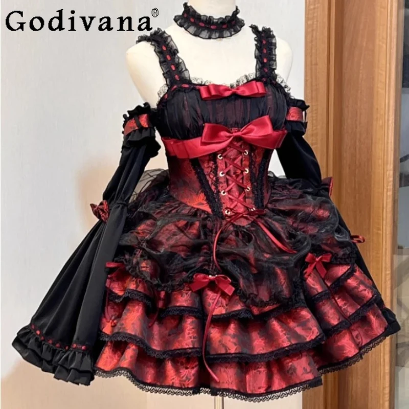 

Elegant Lolita Sweet Bow High Waist Age Reduction Jsk Cake Dress Subculture Chinese Ballet Flare Sleeve Halloween Cos Dresses