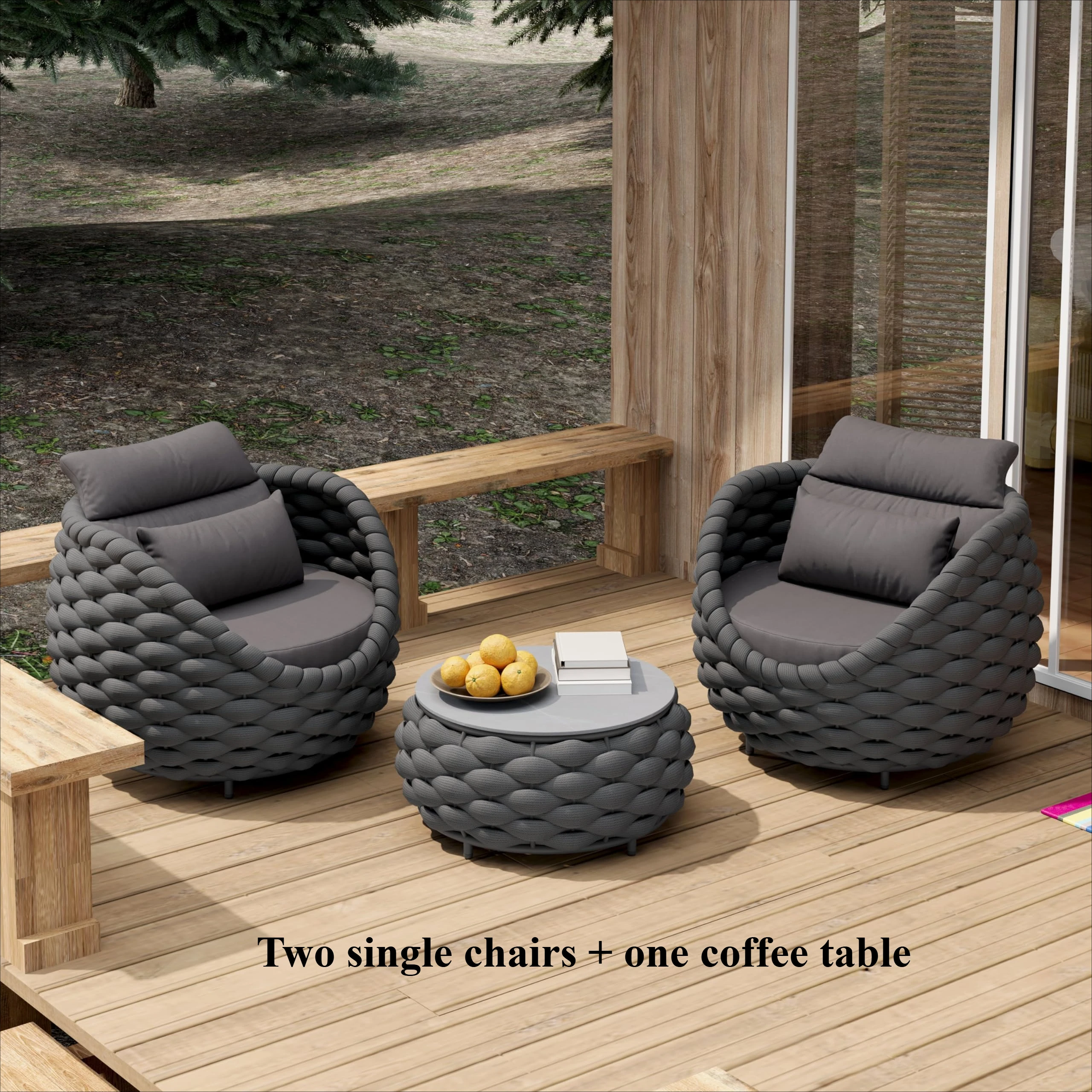 Tuinstoelenset van geweven touw, aluminium tuinmeubilair, 2-delige set met kussens, fauteuil en tafel, geschikt voor balkon, tuin, veranda, zwembadterras
