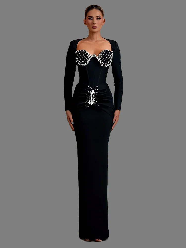 Brand New Women Long Sleeve Black Maxi Bandage Bodycon Dress Elegant Crystal Evening Party Dress Vestido