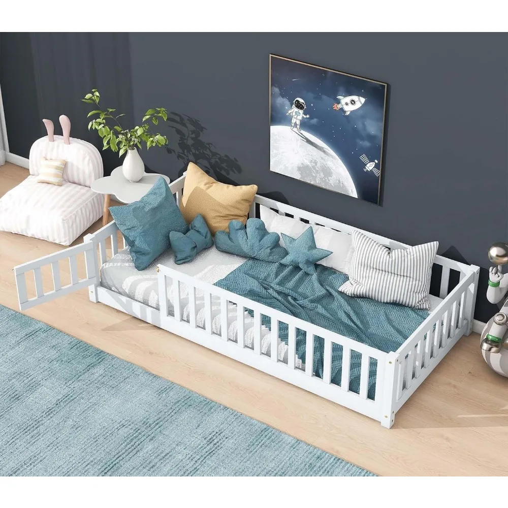 

Twin Floor Bed with Rails, Solid Wood Montessori Bed with Slats and Door, Kids Floor Bed Frame for Children, Twin-White