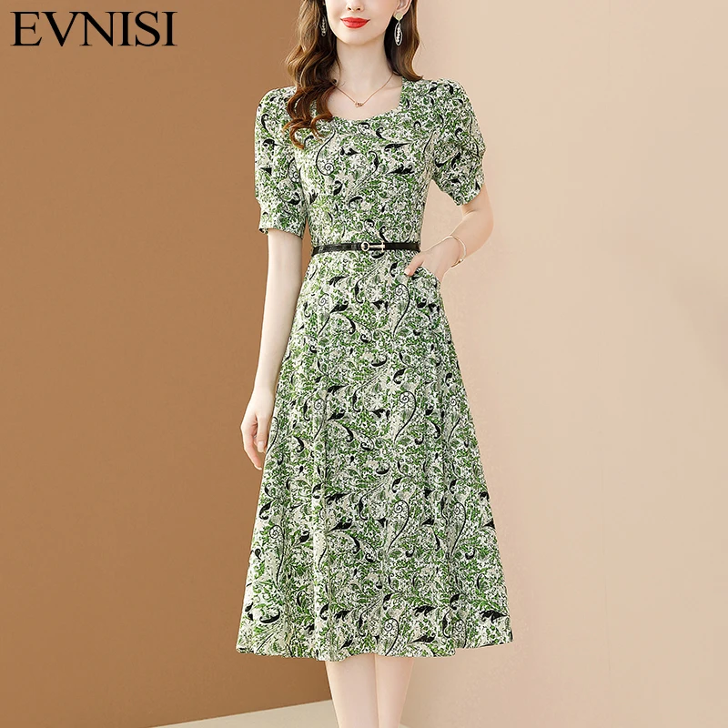 EVNISI Women Boho Floral Chiffon Dress Square Collar Elegant Belt Party A-line Dresses Office For Women Spring Vestido 2023