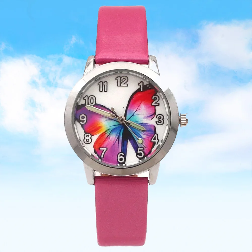 Cartoon Butterfly Leather Quartz Watch Stylish Fashionable Wristwatch for Children Students & Females Timepiece