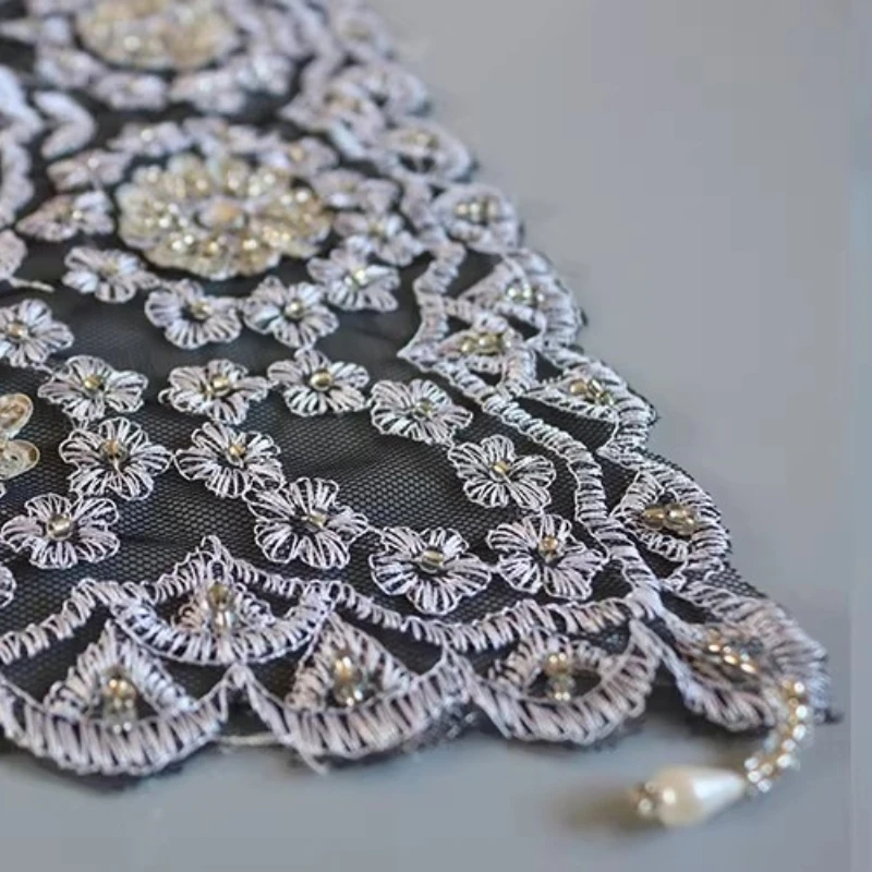Square 38cm Black Lace Embroidered Bead Pendant European Coaster Balcony Small Round Table Cloth Christmas Wedding Decoration