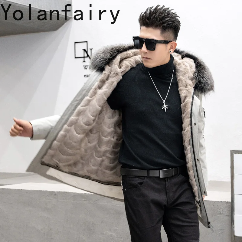 YOLANFAIRY معطف داخلي من فرو المنك الحقيقي للرجال 90% أسفل 10% ريشة شتوية ملابس رجالي طبيعية متوسطة الطول سترة هود بياقة من فرو الثعلب