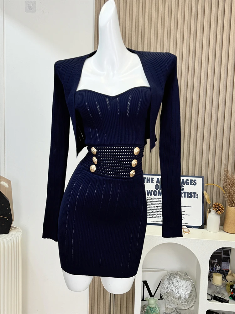 Women\'s Navy Two Piece Set Suit Long Sleeve Sweater and Luxury Dress Vintage Y2k Elegant Fashion Party Club Dress Sets Clothes