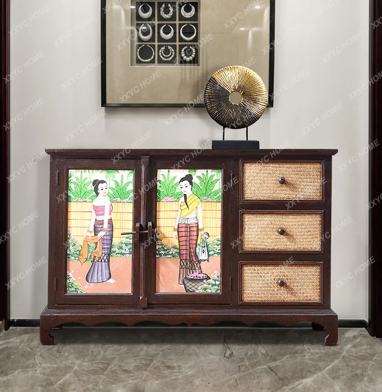 

Hand Painting Bamboo Woven Solid Wood Entrance Cabinet Living Room Locker Wall Furniture