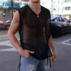 Sexy See Through Mesh Tank Tops Men 2024 Summer Side Hollow Out Breathable V Neck Vest Mens Party Fashion Sleeveless Mesh Tops