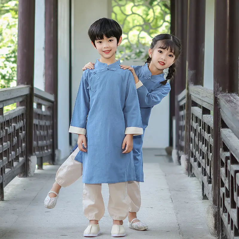 Boys And Girls New Retro Red Chinese Style Vintage Button Tang Suit Traditional Ancient Hanfu Two Piece Set Role Play Costume