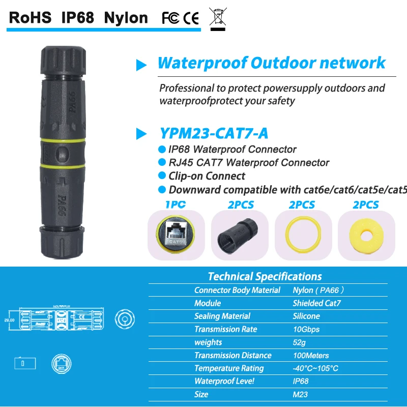 YXY Network RJ45 Connector IP68 Waterproof CAT5E/CAT6/CAT6A M23 Cable Network Ethernet Extenders RJ45 Panel Mount for Outdoor