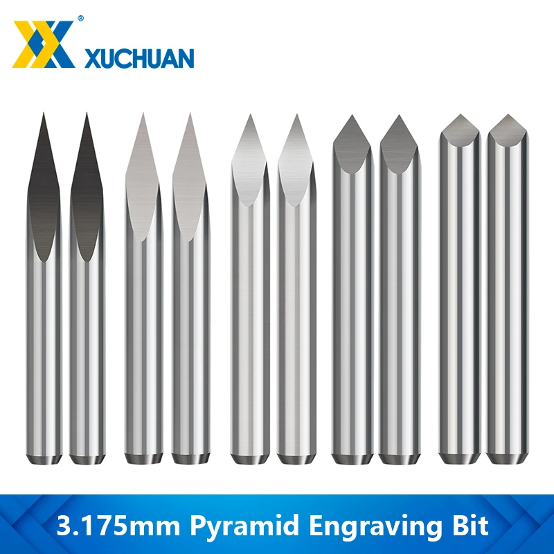 10pcs 3.175mm Shank 3 Edge PCB Engraving Bit Set 20/30/40/45/60/90 Degrees Tip 0.1 0.2 0.3mm Pyramid CNC Router Bit 3D Milling