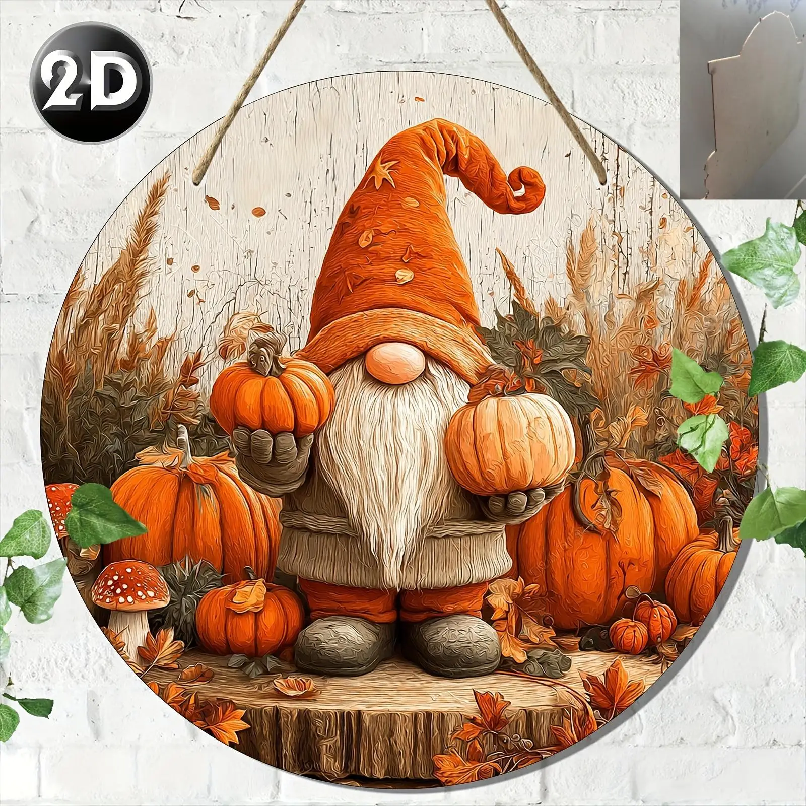 2D Flat, Dwarf And Pumpkin Themed Round Wooden Sign Decorative Artwork, Premium Texture, Durable Use, Retro Decor, High-Definiti