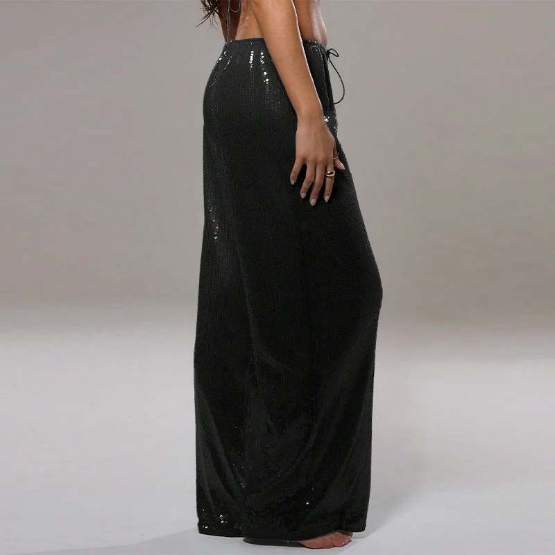 Street Women's Sequin Lace Up Pants Elastic Low Waist Wide Leg Female Trousers 2026 Spring Summer Lady Shiny Party Chic Pants