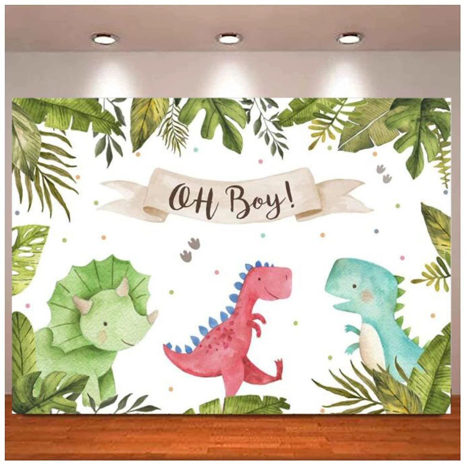 

Oh Boy Dinosaur Theme Baby Shower Backdrop Jungle Photo Background Wild Green Leaves Newborn Baby Party Decor Banner