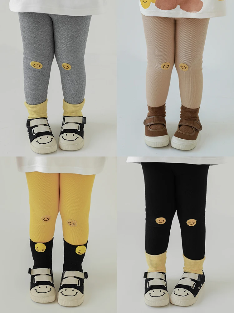 Girl's Smiling Face Embroidered Leggings Spring Playful Cute Soft Elastic Versatile Pants Trend