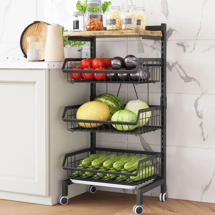 

Fruit Basket 4 Tier Adjustable Fruit Vegetable Basket Cart Metal Wire Storage Cart Rolling Pantry Utility Kitchen C Customizable