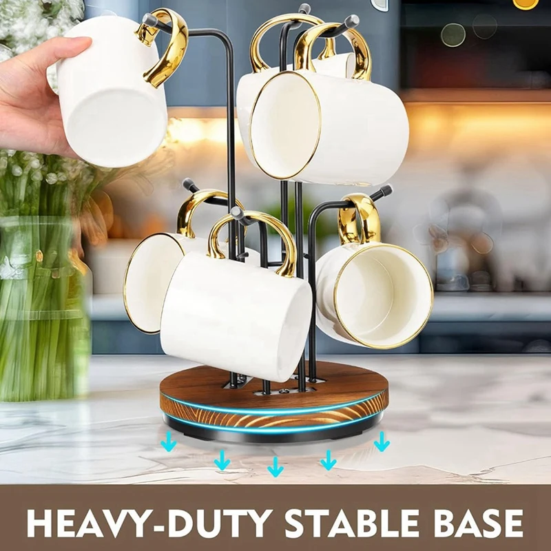 360° Rotating Mug Tree for Cups, Counter Coffee Mug Holder with 6 Hooks, Metal Coffee Cup Rack Stand for Countertop Retail