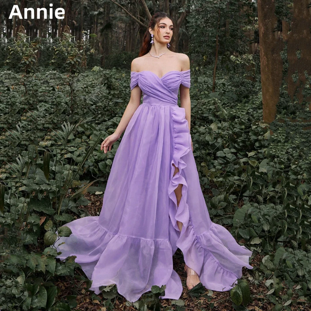 

Annie Fairy Lavender Purple Prom Dresses Organza Curly Edge Evening Dresses A-Shape Princess Wedding Party Dress فساتين سهرة