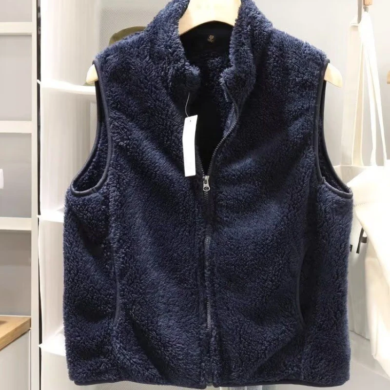 

Thiened Casual Color Fce Lined Coral Vest Stand Collar plus Size Men's Autumn Winter Polyester Fiber Youth Trend