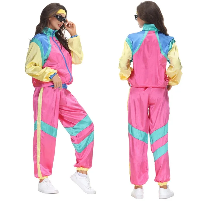 الوردي النساء ملابس رياضية سترة السراويل عقال وتتسابق 80s 90s ريترو خمر تأثيري قطعتين سترة واقية مجموعة هالوين بدلة الحفلات