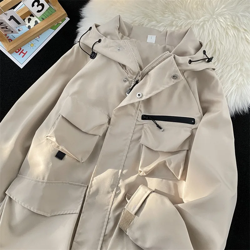 

Свободная куртка с капюшоном, многофункциональная рабочая одежда, ветрозащитная, водонепроницаемая, повседневная верхняя одежда из ткани Окс, с длинными рукавами и молнией...