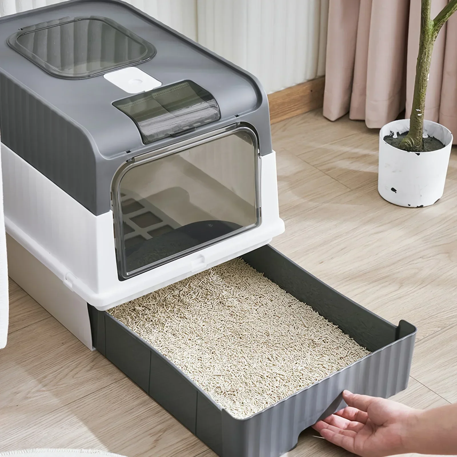 

Portable Collapsible Cat Litter Pan with Splash Guard Plastic Scoop Pet Box with Lid, Easy to Assemble