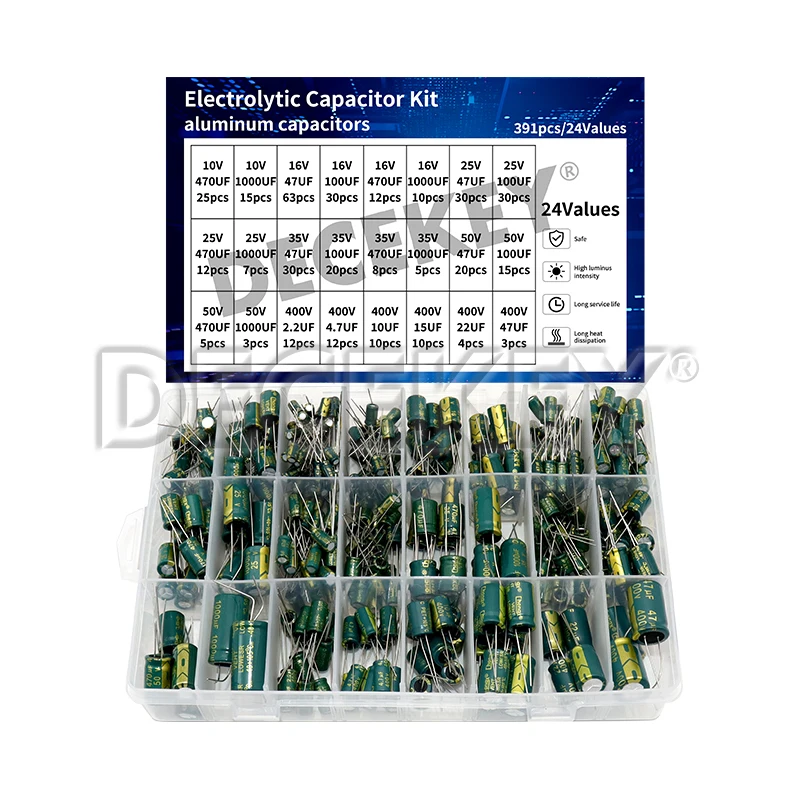 391pcs High Frequency Electrolytic Capacitor Kit 24 Values 10V 16V 25V 35V 50V 400V for TV LCD Monitor Game