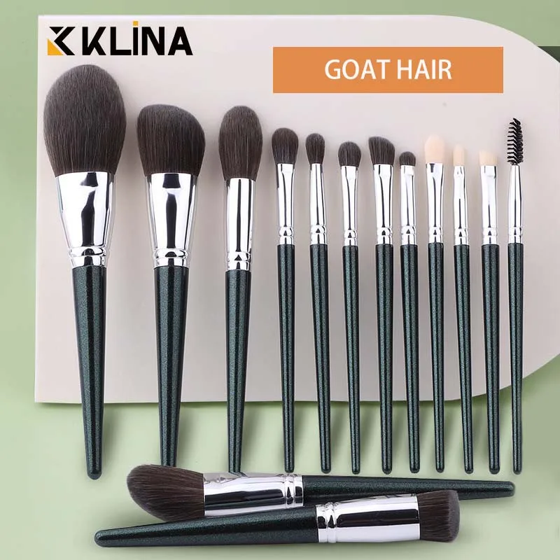 

KLINA 14 шт., набор кистей для макияжа из козьей шерсти, набор для женщин, профессиональная кисть для макияжа, косметическая пудра, консилер, тени для век, инструменты для губ