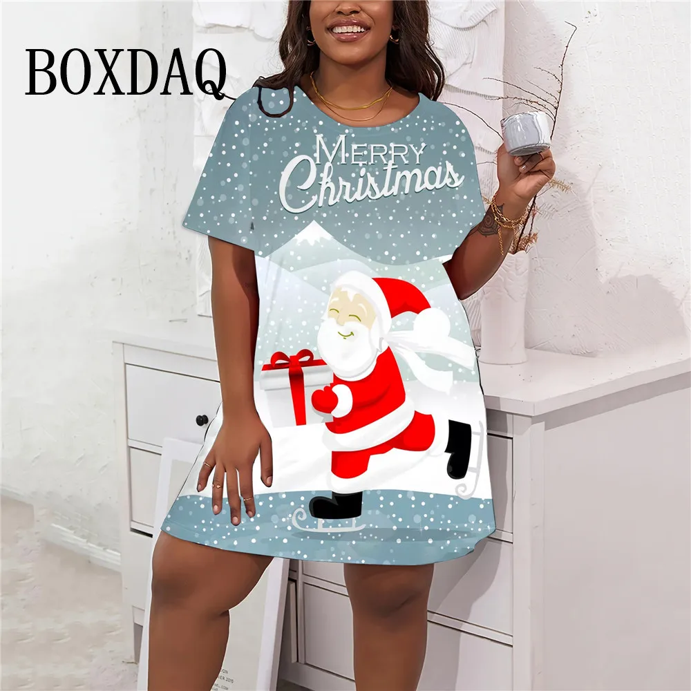 Mini vestido com estampa natalina feminina, Vestidos de manga curta, Roupa solta, Casual, doce, fofo, senhoras, Inverno, Festa, Moda, Tamanhos positivos, 9XL