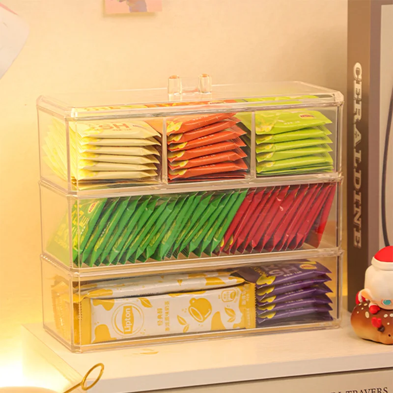 3-Zellen-Aufbewahrungsbox aus Acryl, Teebeutel-Aufbewahrungsbox, Schublade, Kaffeekapsel, Sortierung, sichtbare Box, versiegelter Aufbewahrungstank aus Acryl