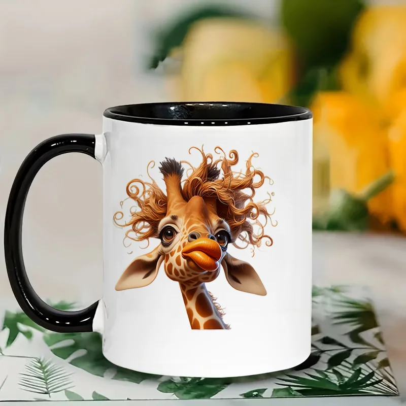 Cute Curly Hair Giraffe Ceramic Coffee Mug, 11oz 350ml Colorful Print Mug, Personalized Custom Mug, Microwave Safe, Cute Aesthet
