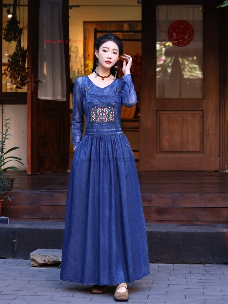 2024 chinese vintage hanfu dress national flower embroidery sleeveless denim dress oriental a-line folk dress retro streetwear