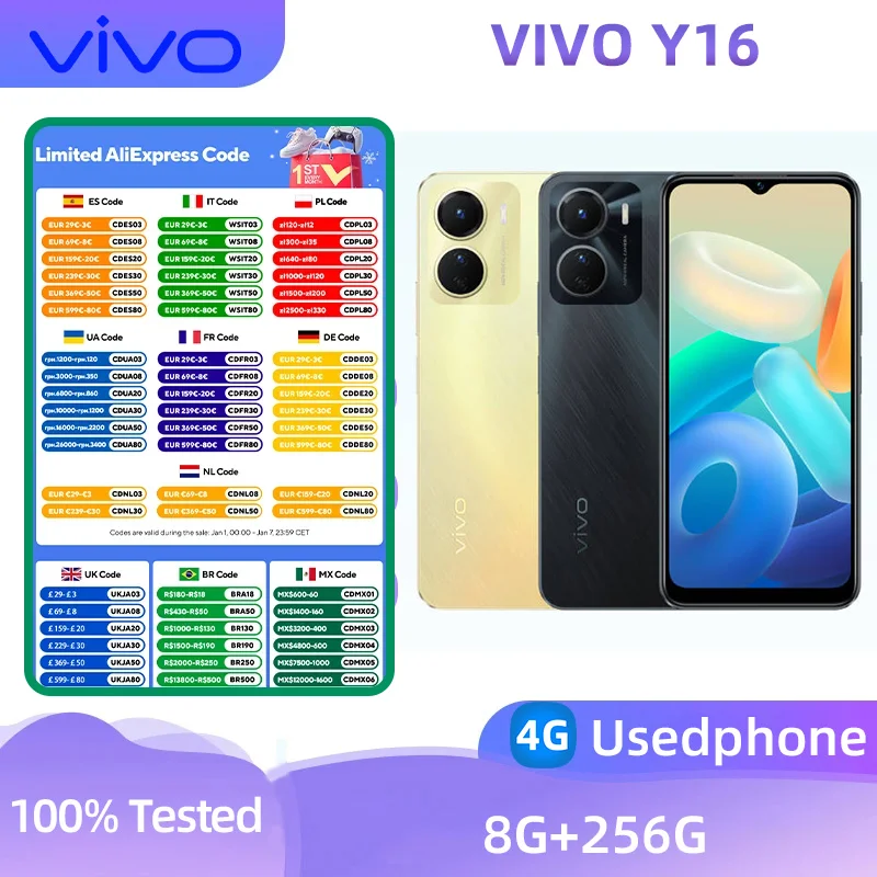 Vivo Y16 4G Smartphone Android CPU Helio P35 6.51-inch 13MP Camera 5000mAh Used Phone