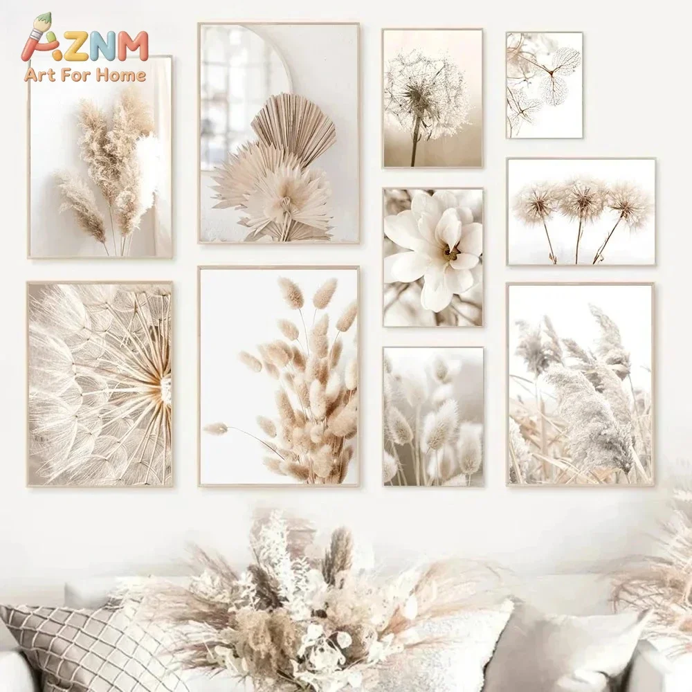 AZNM Unframed Canvas Print Beige Pampas Grass Wall Art Dried Flower Botanical Boho Home Decor Poster