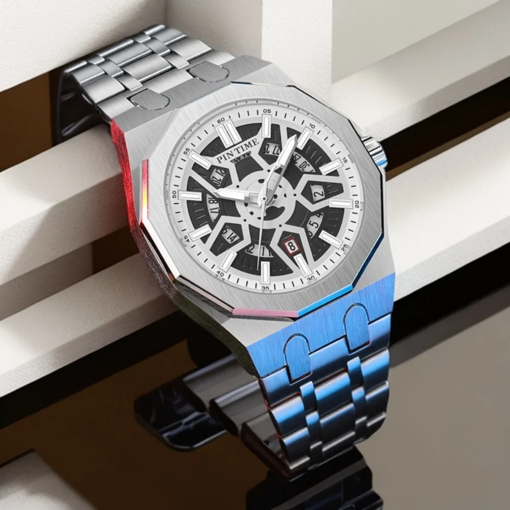 

Новые роскошные мужские часы со скелетонизированным циферблатом, ремешок из нержавеющей стали, календарь, водонепроницаемые кварцевые наручные часы, мужские часы Relogio Masculino