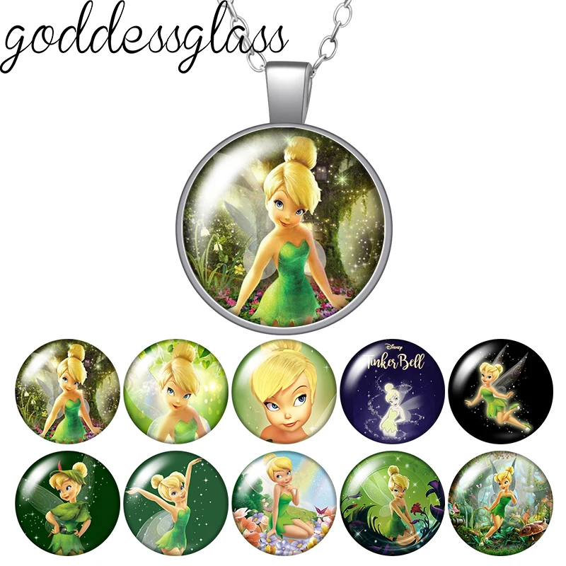 Disney Princess Tinker Bell Spirit Cute Cartoon Round Photo Glass cabochon silver plated pendant necklace jewelry Gift