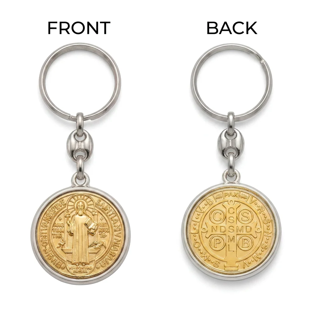 Saint Benedict Medal Keychain Vintage Religious Cross Key Ring Zinc Alloy Car Pendant Bag Charm Catholic Exorcism Protection Gif - view 6