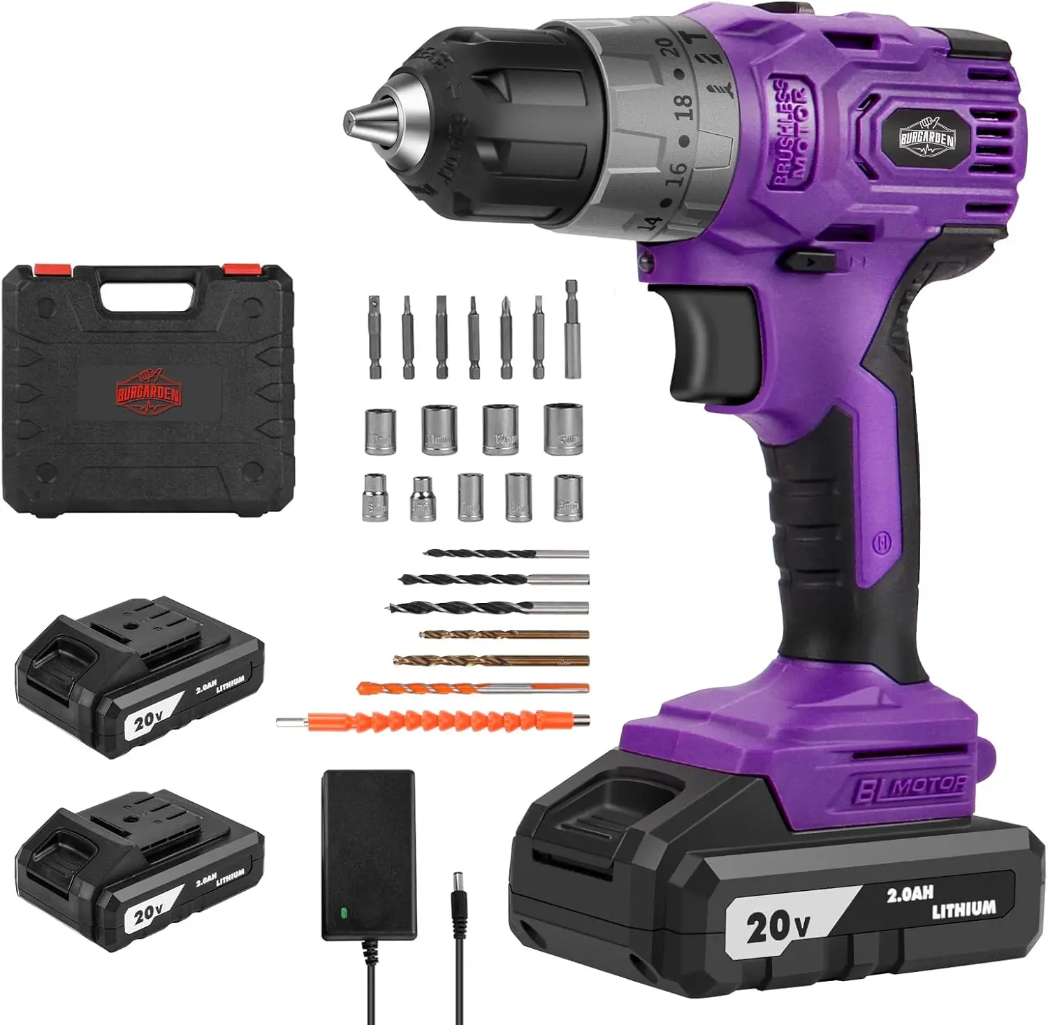 Brushless Cordless Drill Set, 20V Compact Power Drill Driver, Purple Brushless Electric Drill Motor, 20+3 Torque Setting, 48