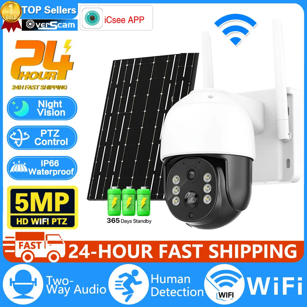 

5MP HD Max 128G Card Solar Camera Outdoor Wireless WIFI Built-in Battery Powered PTZ Camera PIR Human Detect 2-Way Audio iCsee