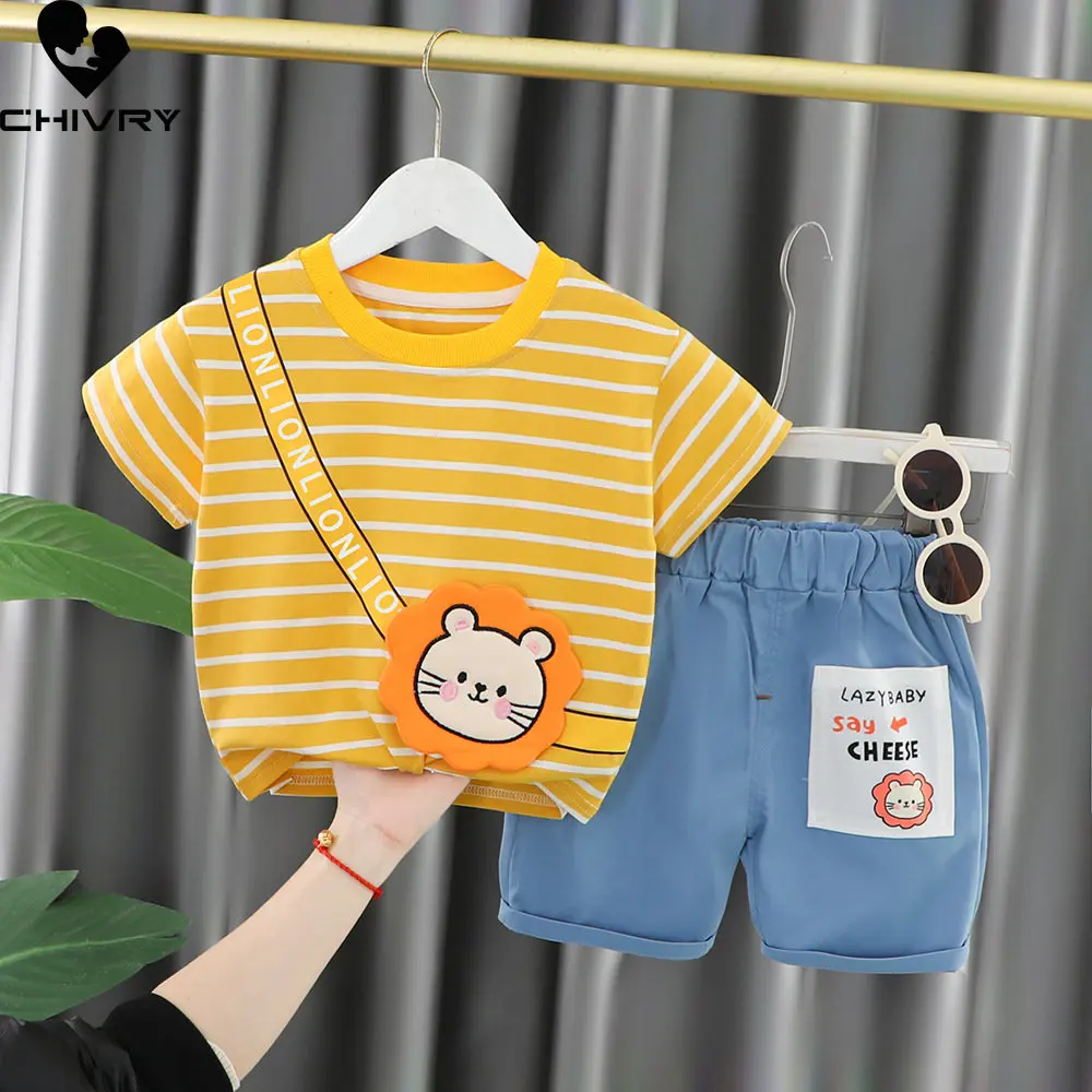 Neue Baby Jungen Mädchen Sommer Kurzarm O-ansatz Nette Cartoon Tier Gestreiften T-shirt Tops mit Denim Shorts Kleinkind Kleidung Sets