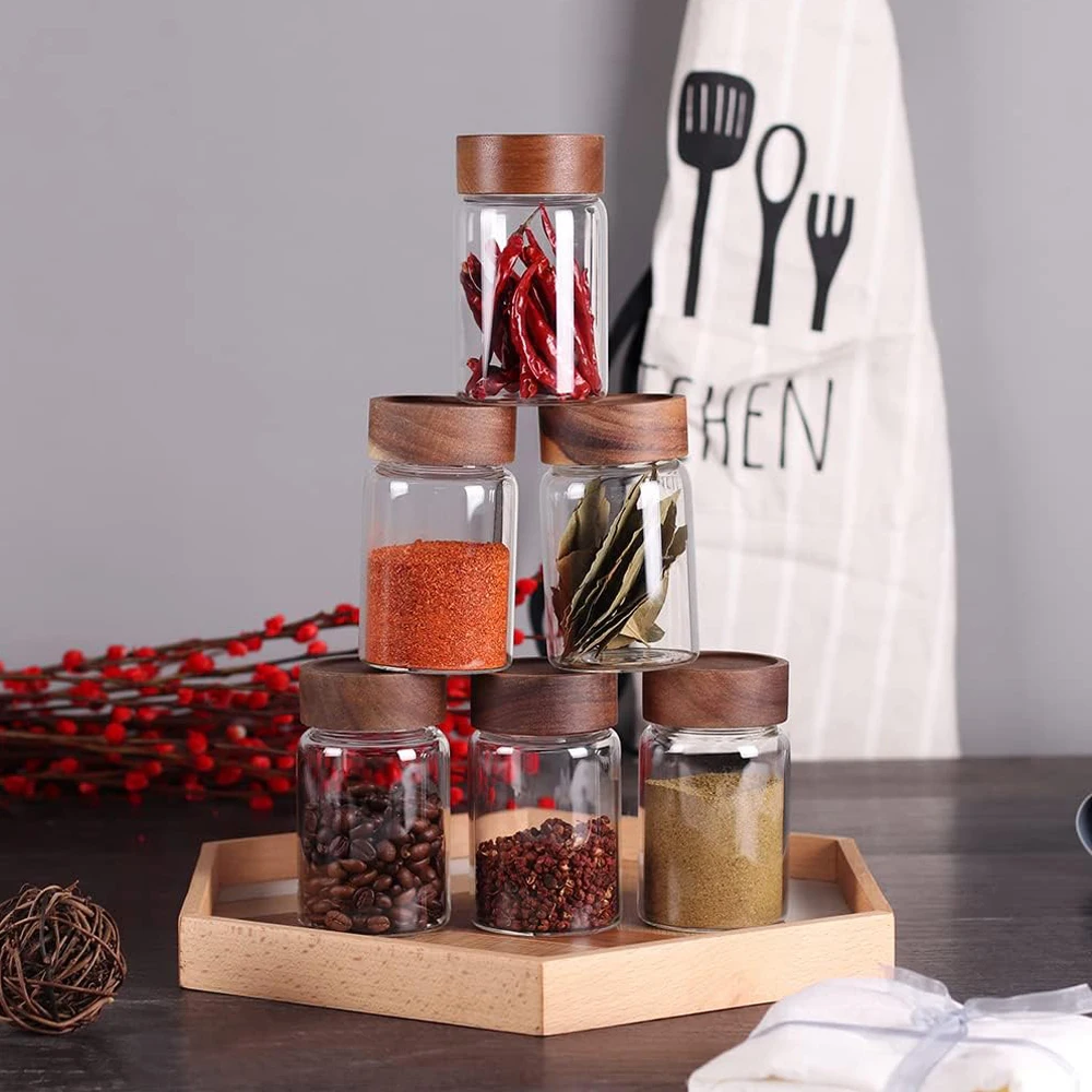 Glass Food Storage Jars with Screw Airtight Seal Acacia Wood Lids,Spice Jars with Lids, Organization for Jars Bottles Containers