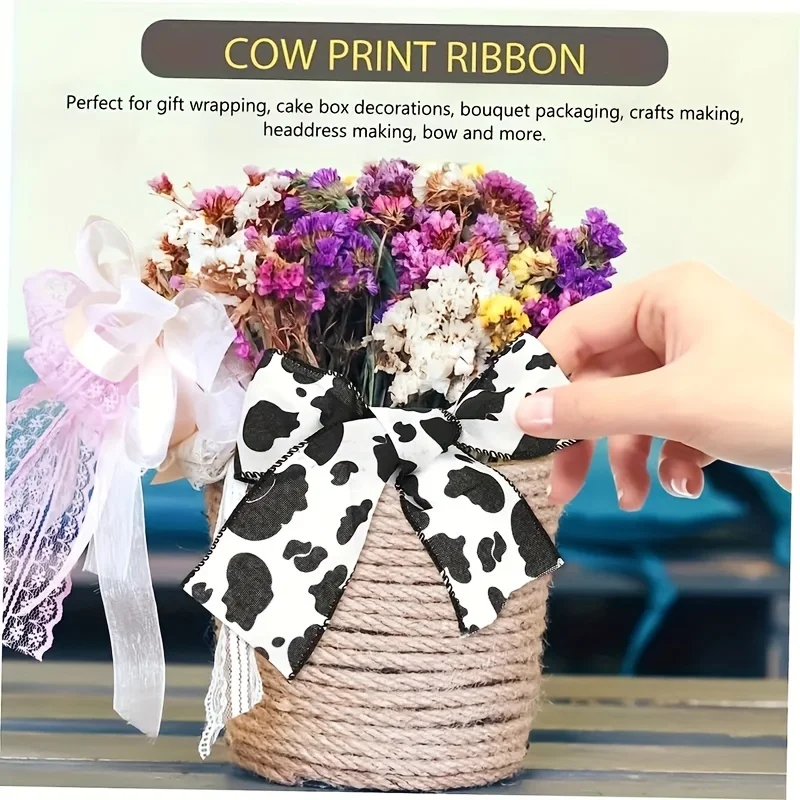 1pc 5 Yards Cow Print Ribbons Wired Edge Burlap White Black Craft Ribbon Gift Wrapping Ribbon  for Cow Theme Party Favor