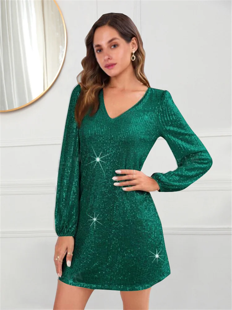 Plus-size women\'s clothing elegant fashion solid color long-sleeved v-necked slim sequin dress plus-size women\'s clothing